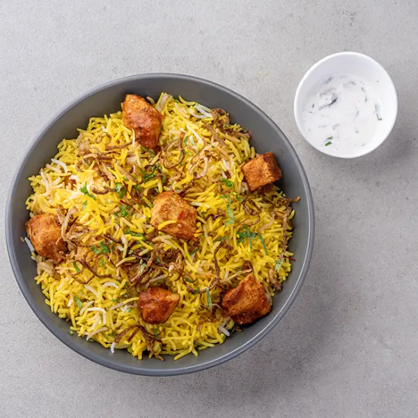 Chettinad Chicken Biryani with Eggplant Raita